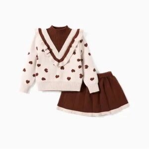 Toddler Girl 2pcs Heart Print Knitted Sweater Skirt Set, Brown and Cream